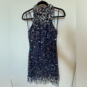 Jewelled sequin Aidan Mattox navy dress, never worn